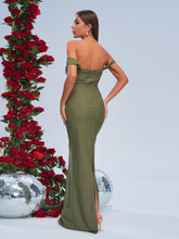 Off Shoulder Green Appliqued Split Dress
